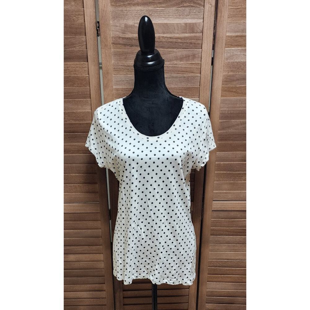 Style & Co The Essential Tee L White Black Polka Dot Short Sleeve Scoop Neck Top